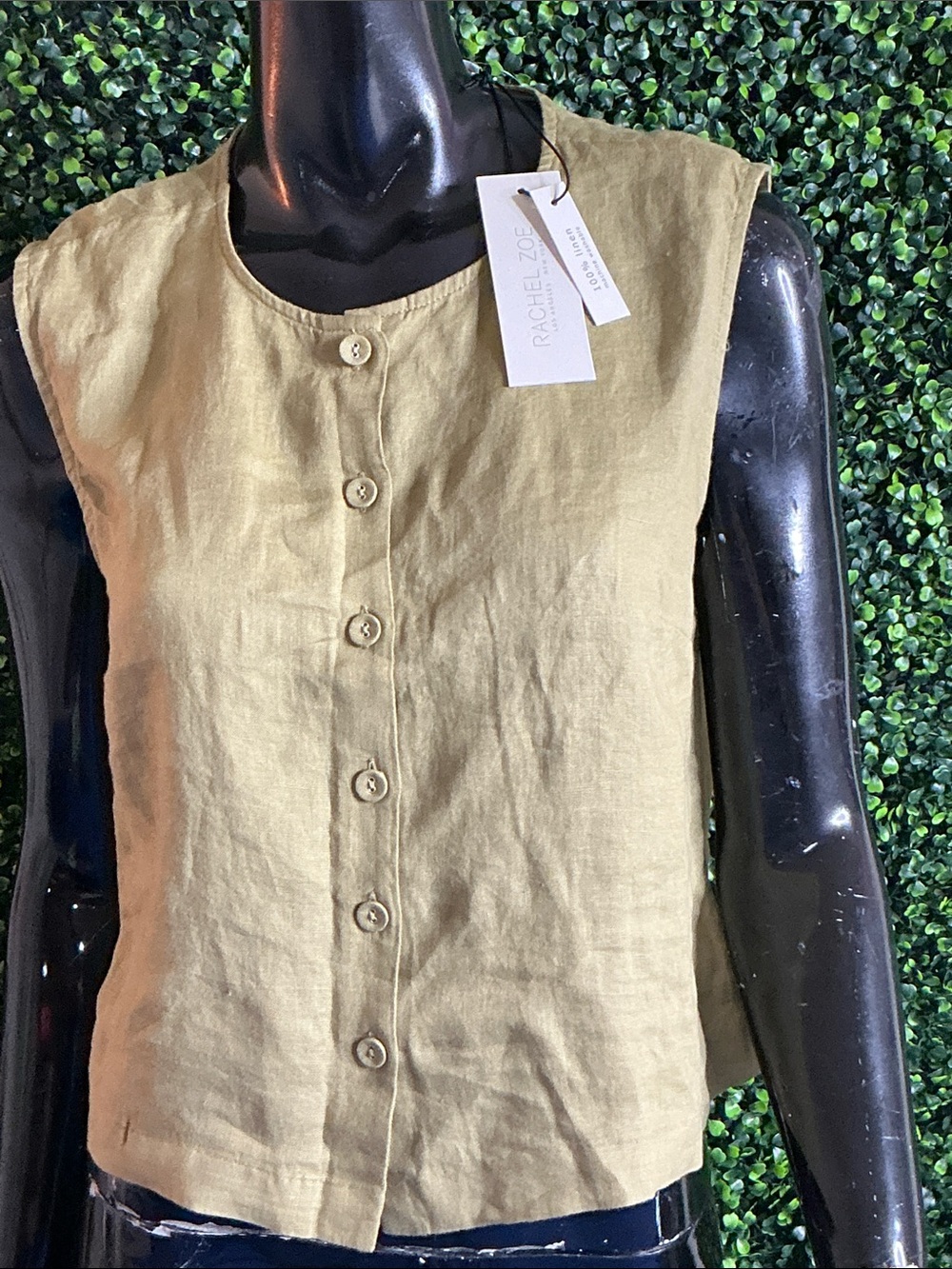 Rachel Zoe Olive Green Linen Button-Front Sleeveless Top - Picture 2 of 10
